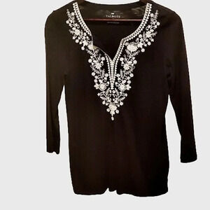 Talbots Navy Longsleeve Blouse w/ Jewled And Embroidered Neckline – Size M